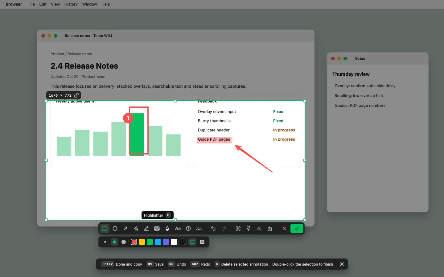 ENShot capture overlay with the annotation toolbar, a highlight, a numbered step and an arrow