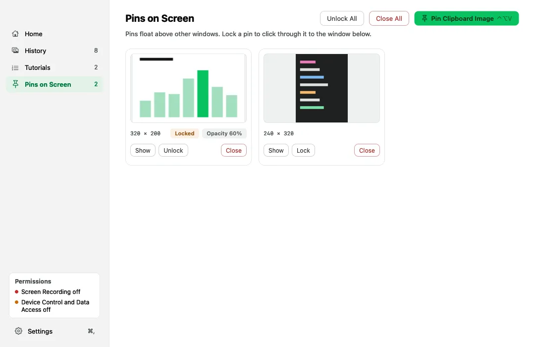 ENShot's Pins on Screen page