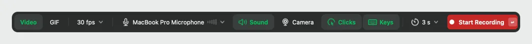 ENShot recording setup bar: format, frame rate, microphone, sound, camera, clicks, keys and countdown